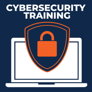 Drawing of a laptop computer. Above it a shield and a lock. Drawing Title above the drawing: Cybersecurity Training